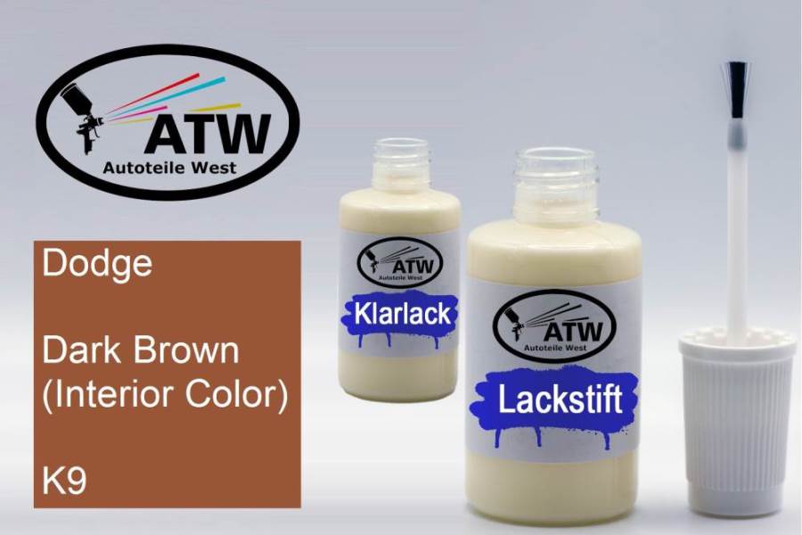 Dodge, Dark Brown (Interior Color), K9: 20ml Lackstift + 20ml Klarlack - Set, von ATW Autoteile West.
